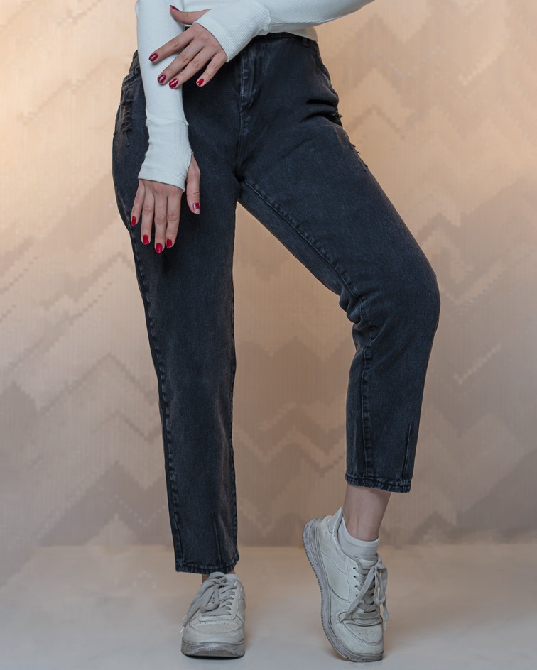 شلوار جین مام فیت رنگ ذغالی کمر کش