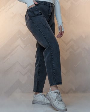 شلوار جین مام فیت رنگ ذغالی کمر کش