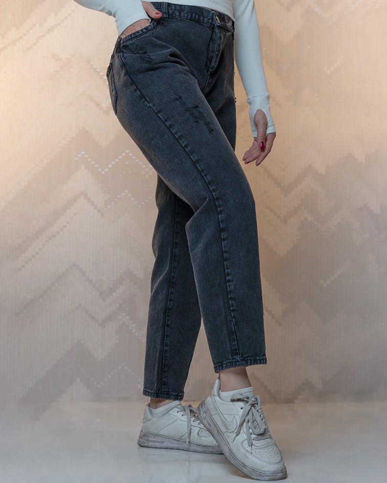 شلوار جین مام فیت رنگ ذغالی کمر کش