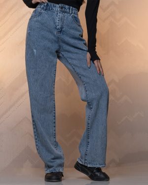 شلوار جین نیم بگ رنگ آبی رندوم