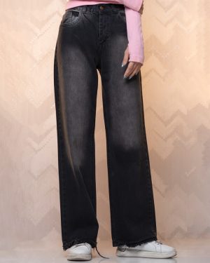 شلوار جین نیم بگ رنگ ذغالی دمپا ریش