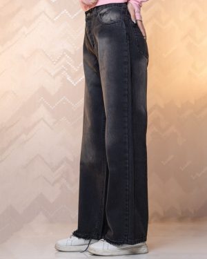 شلوار جین نیم بگ رنگ ذغالی دمپا ریش