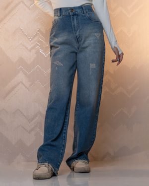 شلوار جین نیم بگ رنگ آبی وسط