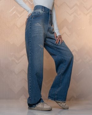 شلوار جین نیم بگ رنگ آبی وسط