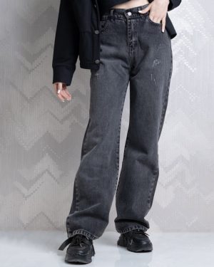 شلوار زنانه جین نیم بگ طوسی ذغالی