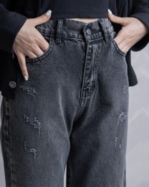 شلوار زنانه جین نیم بگ طوسی ذغالی