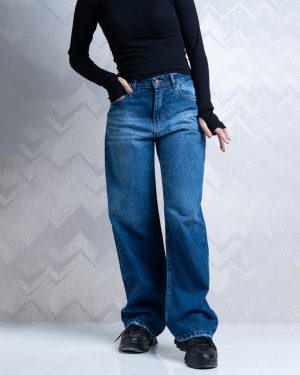 شلوار جین زنانه نیم بگ رنگ آبی تیره