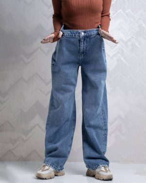 شلوار نیم بگ سایز بزرگ زنانه آبی متوسط